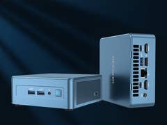 Geekom Mini IT 13 viewed from the front and back, showing the available ports