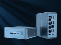 Geekom Mini IT 13 viewed from the front and back, showing the available ports