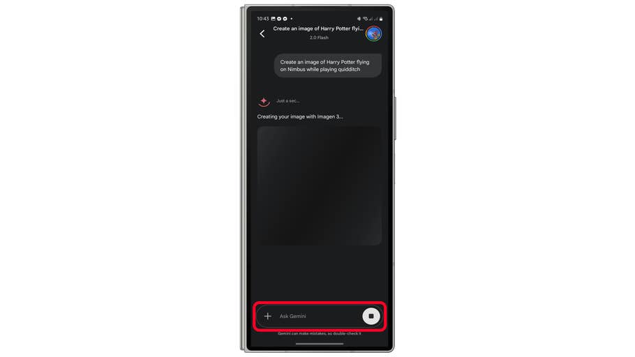 A smartphone screen displaying a chat interface with a message about creating an image of Harry Potter.