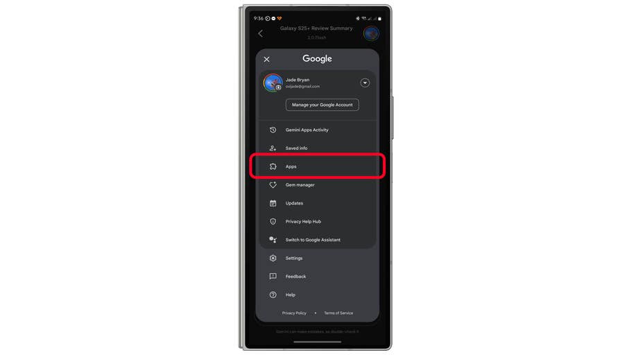 Google account settings with u0027Appsu0027 section highlighted on a smartphone screen.