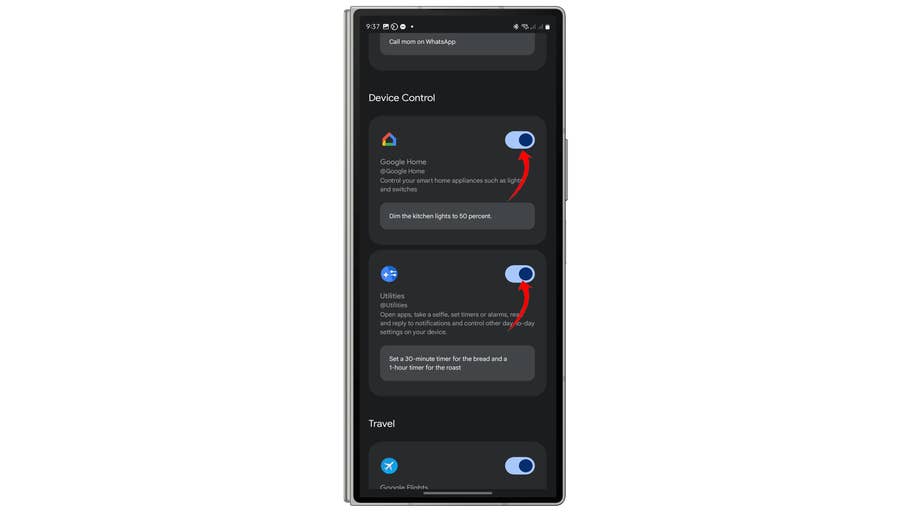 A phone screen displaying device control settings with options for Google Home and Utilities.