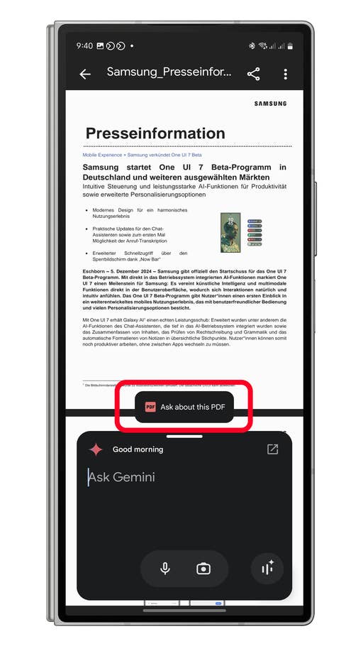 Samsung press release about One UI 7 Beta program with u0027Ask about this PDFu0027 prompt.