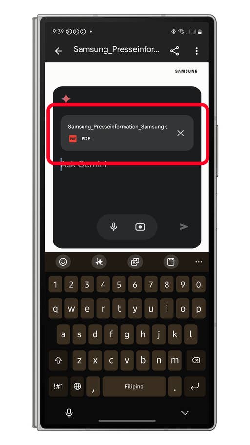 Samsung mobile screen showing a PDF titled u0027Samsung_Presseinformation_Samsungu0027 and text u0027Ask Geminiu0027.