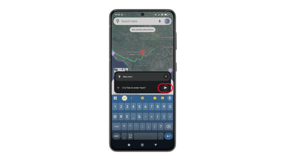A smartphone displaying a map with a search bar and keyboard for entering a new place.