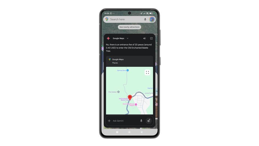 Google Maps interface on a smartphone showing a location with a note about entrance fees.