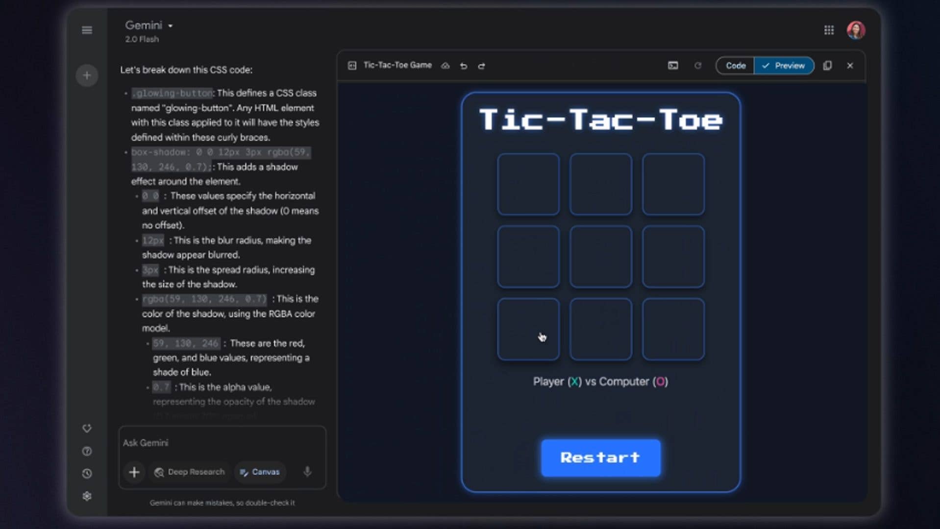 CSS code explanation for a Tic-Tac-Toe game interface with options for player vs computer.