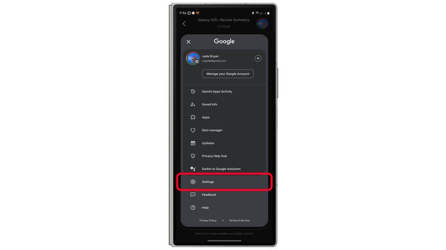 Google app interface showing account management options with u0027Settingsu0027 highlighted.