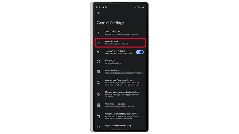 Gemini settings menu displaying options including u0027Geminiu0027s voiceu0027 highlighted.