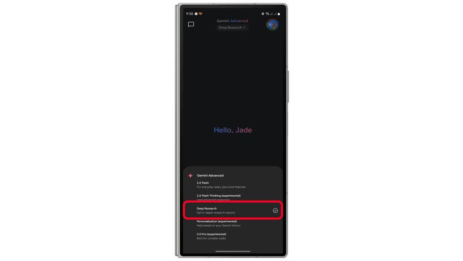 Mobile screen displaying u0027Gemini Advancedu0027 with u0027Deep Researchu0027 option highlighted.