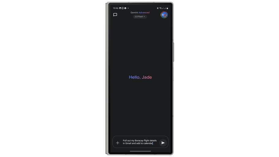 A smartphone screen displaying u0027Hello, Jadeu0027 with a dark background.