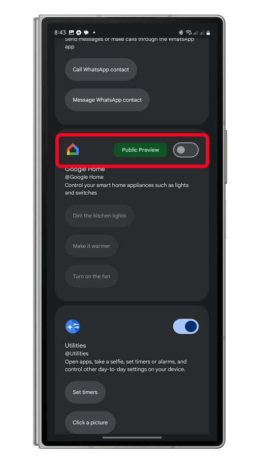 Google Gemini app extensions page