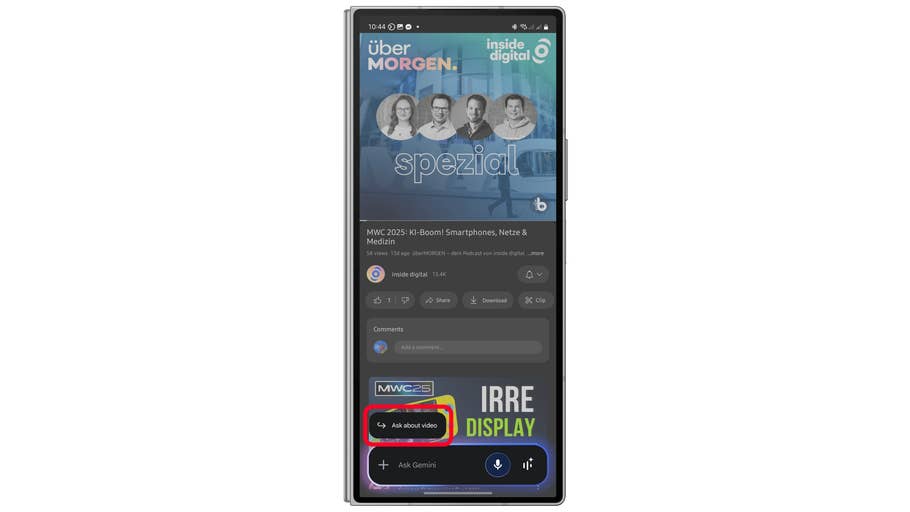 Mobile screen displaying a video interface with text u0027Ask about videou0027 and a podcast titled u0027MWC 2025u0027.