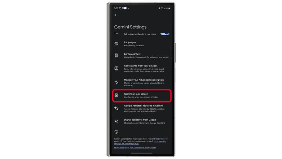 Gemini settings menu on a smartphone, highlighting u0027Gemini on lock screenu0027 option.
