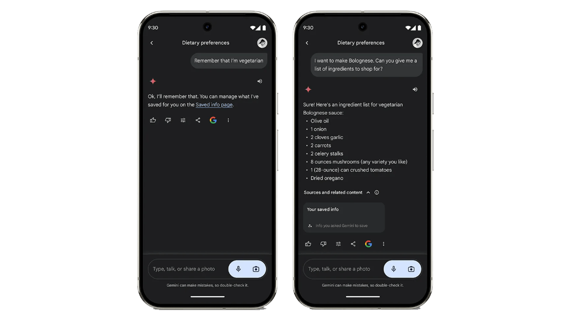 Two smartphone screens showing a conversation about dietary preferences and vegetarian recipes. Two smartphone screens showing a conversation about dietary preferences and vegetarian recipes.
