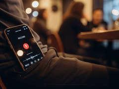 A smartphone displaying a recording app with 'RECORD' and a sound waveform, placed in a person's pocket.