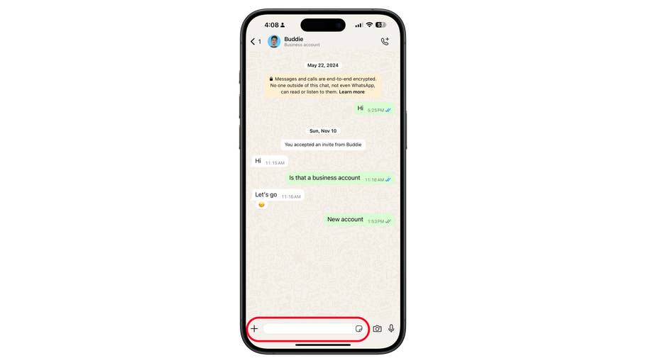 A smartphone screen displaying a WhatsApp chat with a business account titled u0027Buddieu0027 and message exchanges.