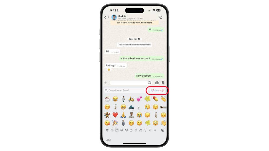 A smartphone displaying a WhatsApp chat with emoji options at the bottom.