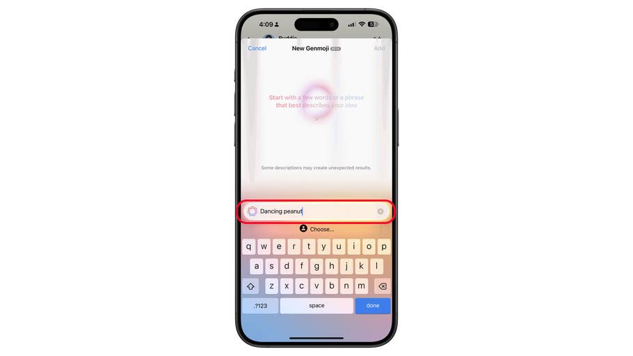 A smartphone screen showing a text input for creating a new emoji labeled u0027Dancing peanutu0027.