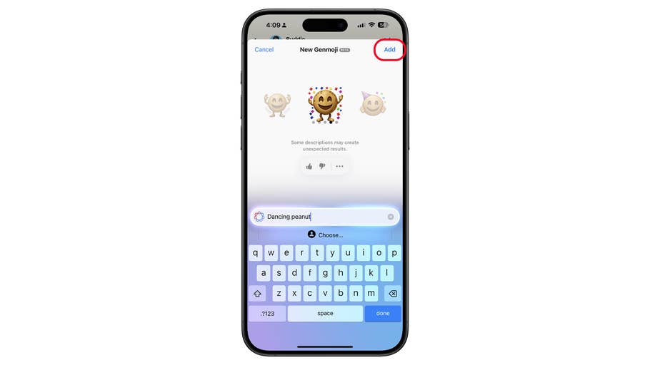 A smartphone screen displaying a new emoji creation interface with a u0027Dancing peanutu0027 label and an u0027Addu0027 button.