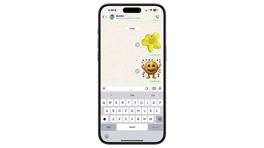 A smartphone displaying a messaging app with emojis and a chat message.