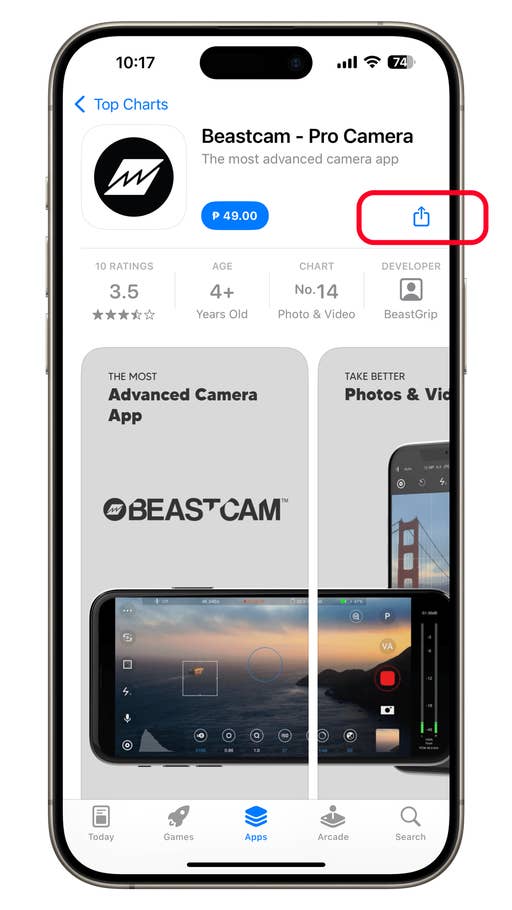 iPhone displaying the Beastcam Pro Camera app with ratings and features.