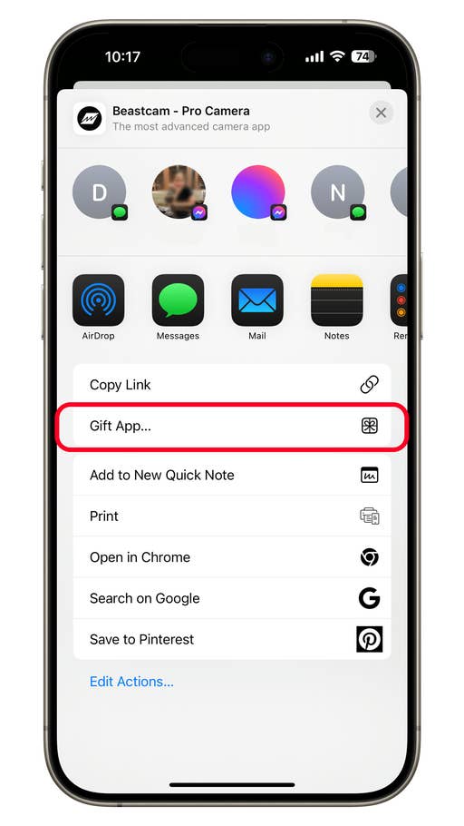 iPhone screen displaying the Beastcam app with options to gift the app and other actions.