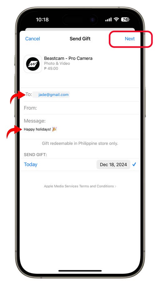 iPhone screen displaying Send Gift interface for Beastcam app with recipient and message fields.