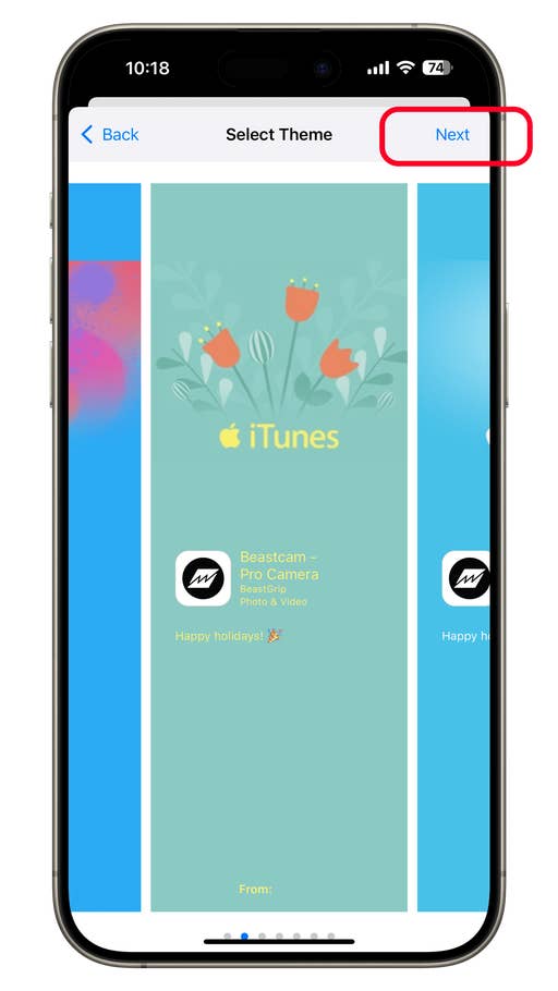 iPhone screen displaying theme selection for iTunes with u0027Nextu0027 button.