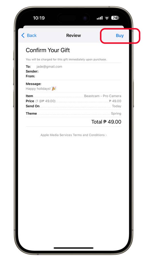 iPhone screen displaying a gift confirmation for a user named jade@gmail.com. Total amount: ₱ 49.00.