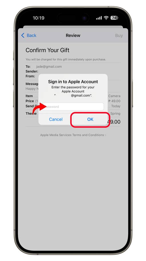 iPhone screen displaying u0027Confirm Your Giftu0027 with fields for email and password.
