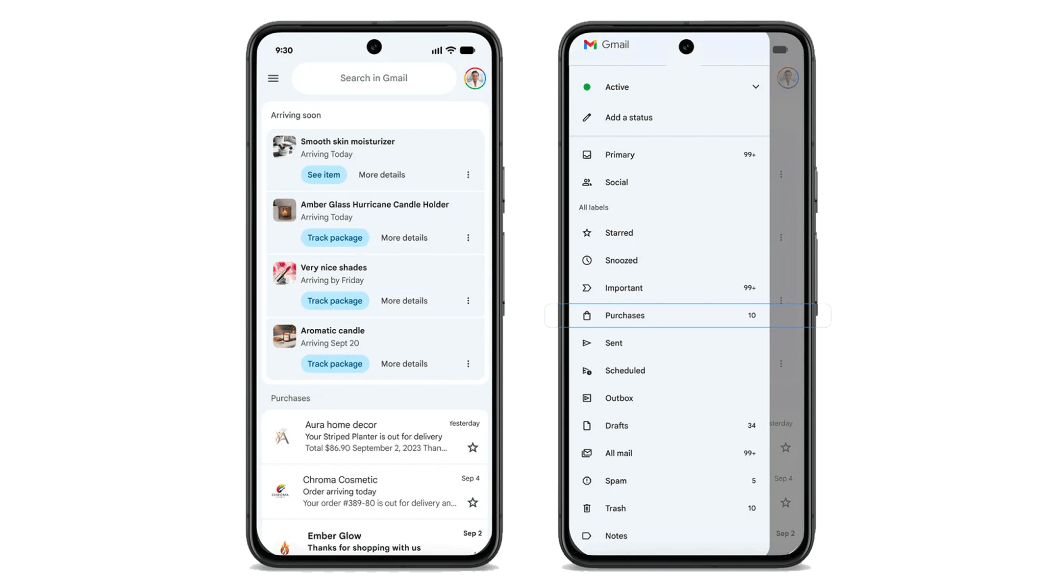 Screenshot of Gmail app showing incoming packages and purchase labels.