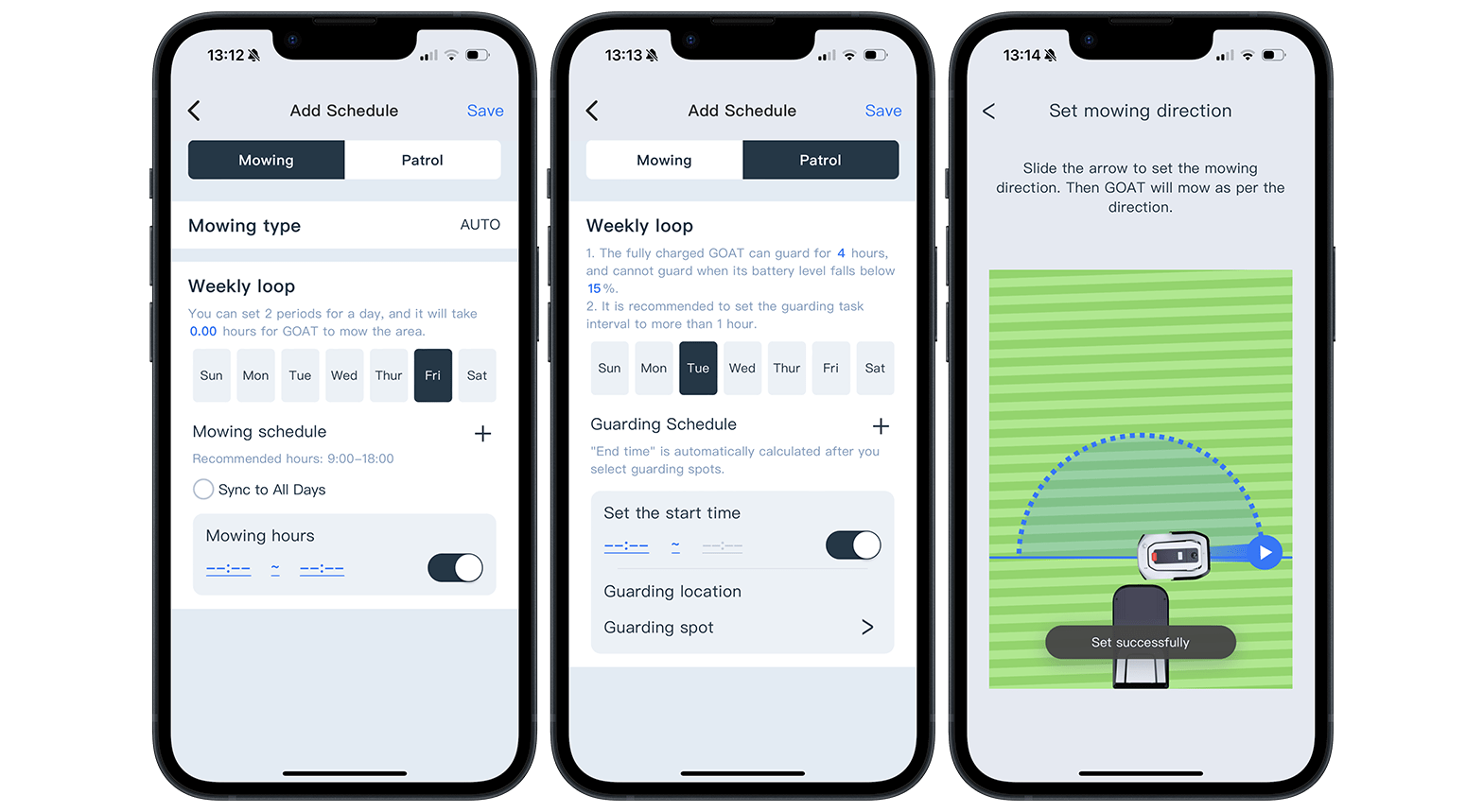 Schedule when and where will the Ecovacs Goat G1-800 mow the lawn.