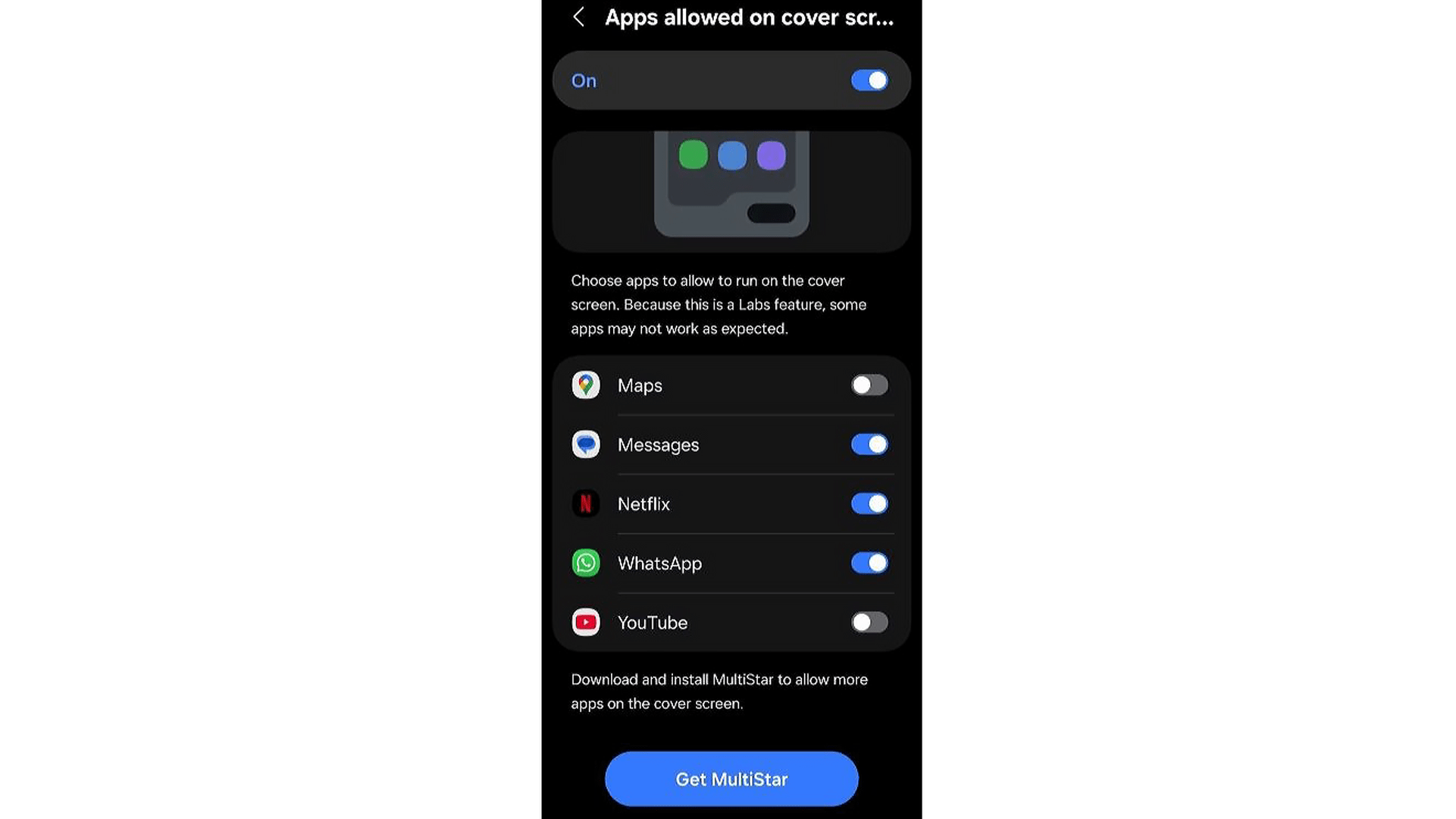 Settings screen showing apps allowed on cover screen: Maps, Messages, Netflix, WhatsApp, YouTube.