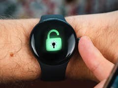 A close-up of a Google Pixel Watch 2 displaying an unlocked padlock icon with a spider.