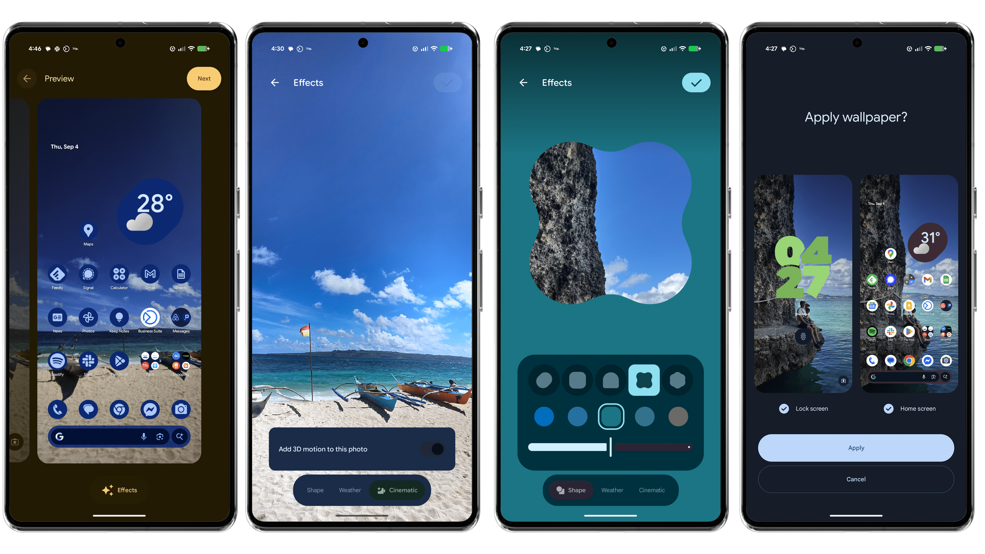 Four smartphone screens displaying a weather app, effects options, and wallpaper application features.