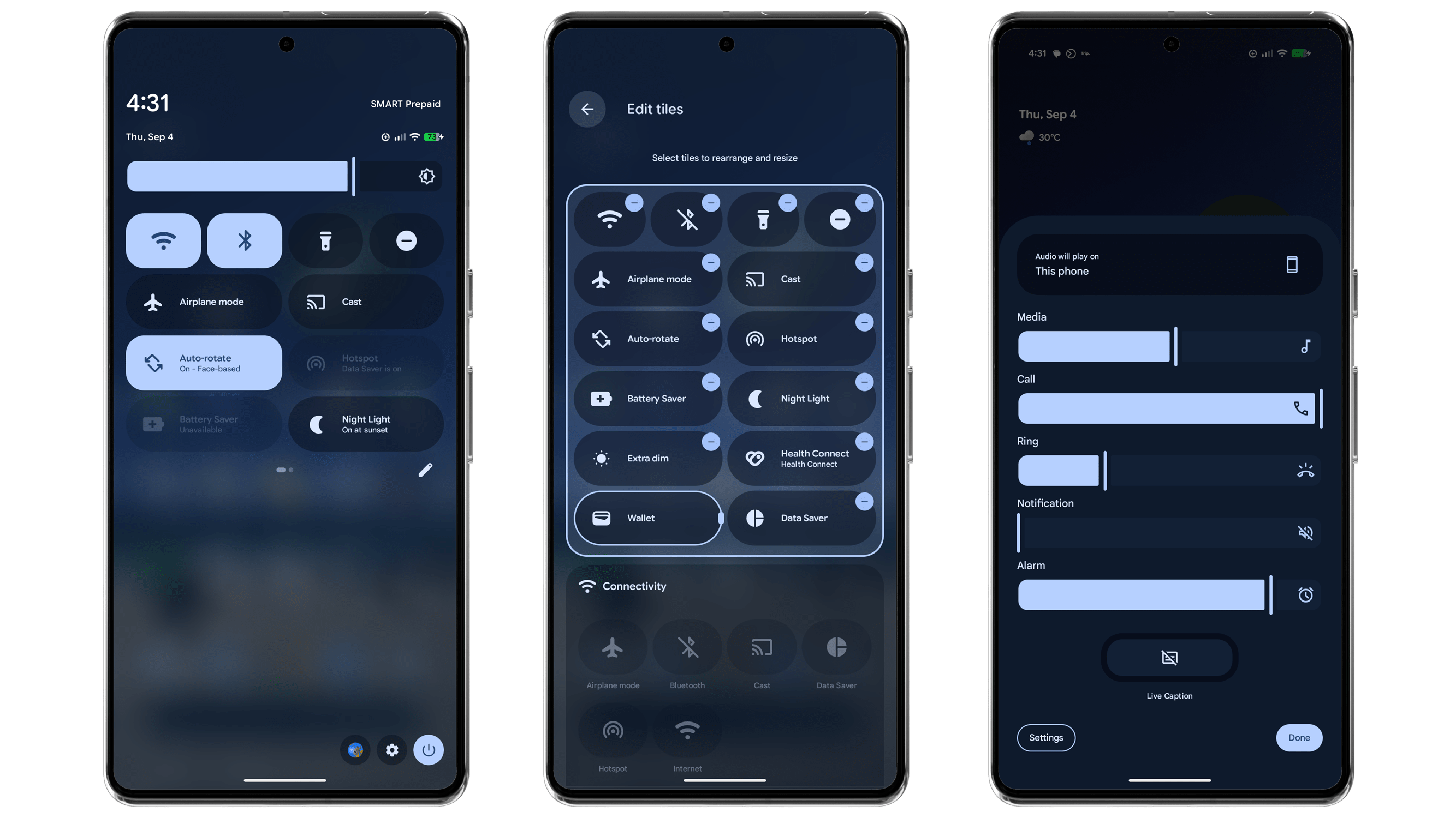 Three smartphone screens displaying settings menus and notifications.