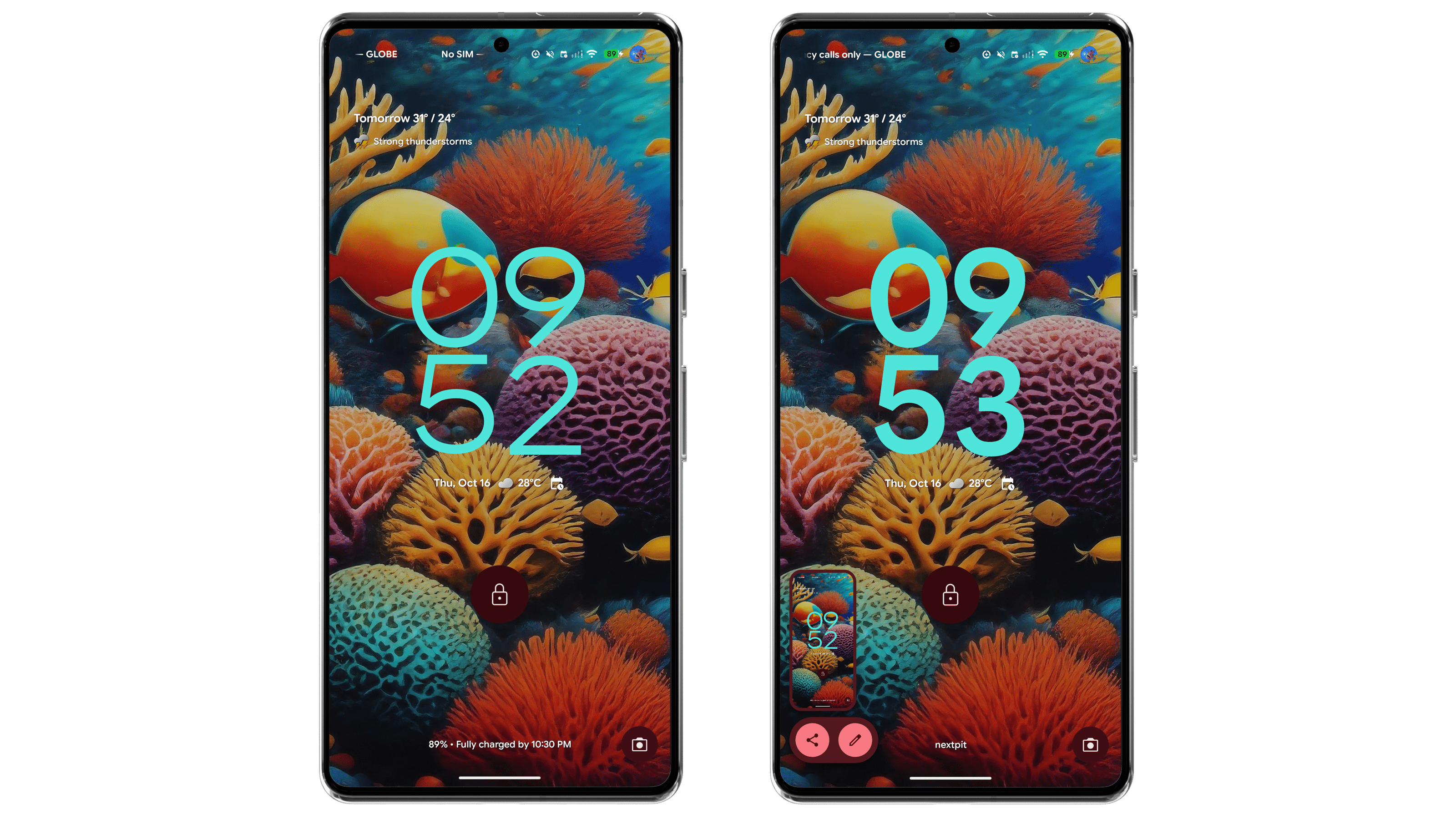 Two smartphone screens displaying a colorful coral reef wallpaper with the time 09:52 and 09:53.
