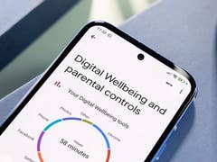 Smartphone displaying 'Digital Wellbeing and parental Controls' with usage statistics.