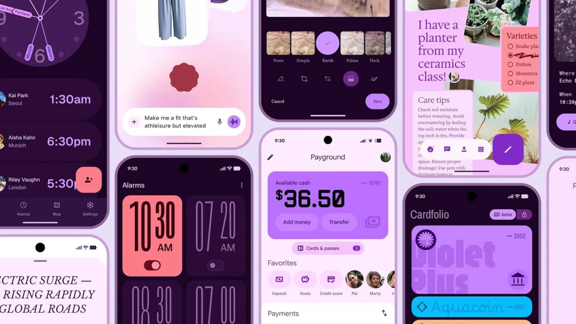 Screens showcasing various Android app interfaces with purple themes, displaying time, alarms, and plant care tips.