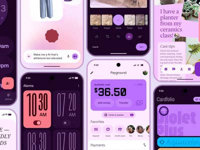 Screens showcasing various Android app interfaces with purple themes, displaying time, alarms, and plant care tips.