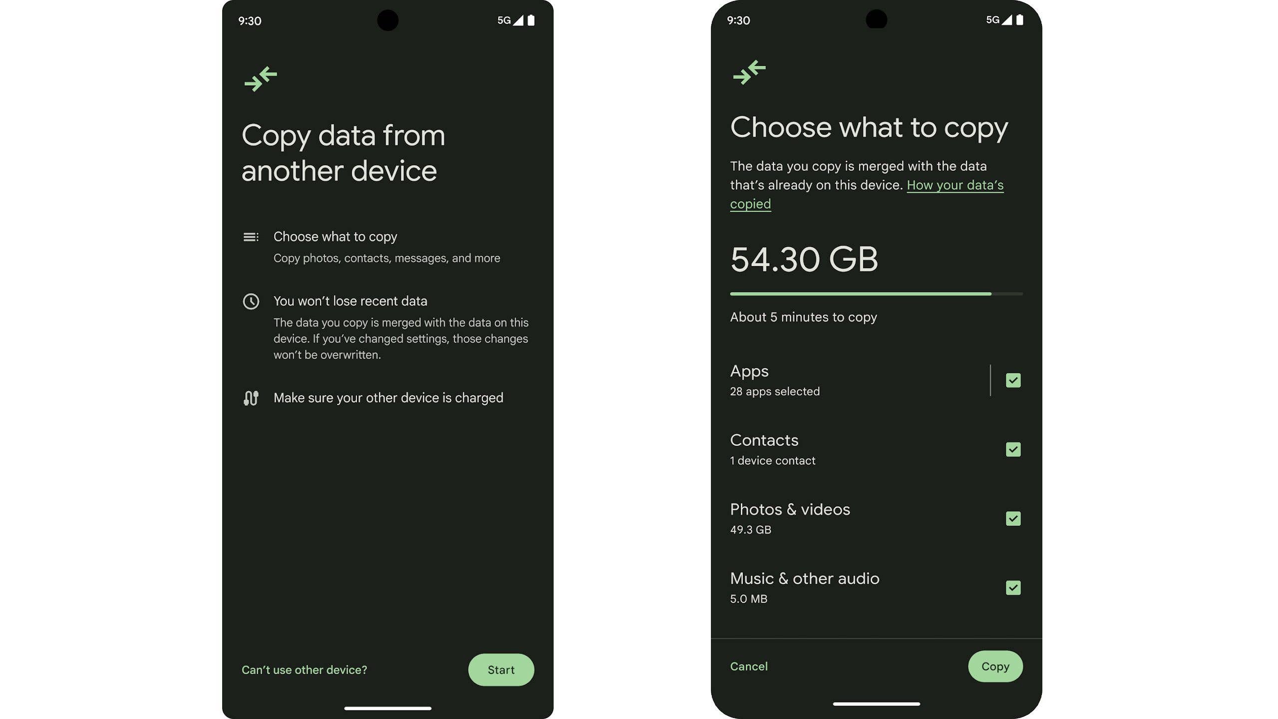 Two smartphone screens displaying data transfer options from another device.