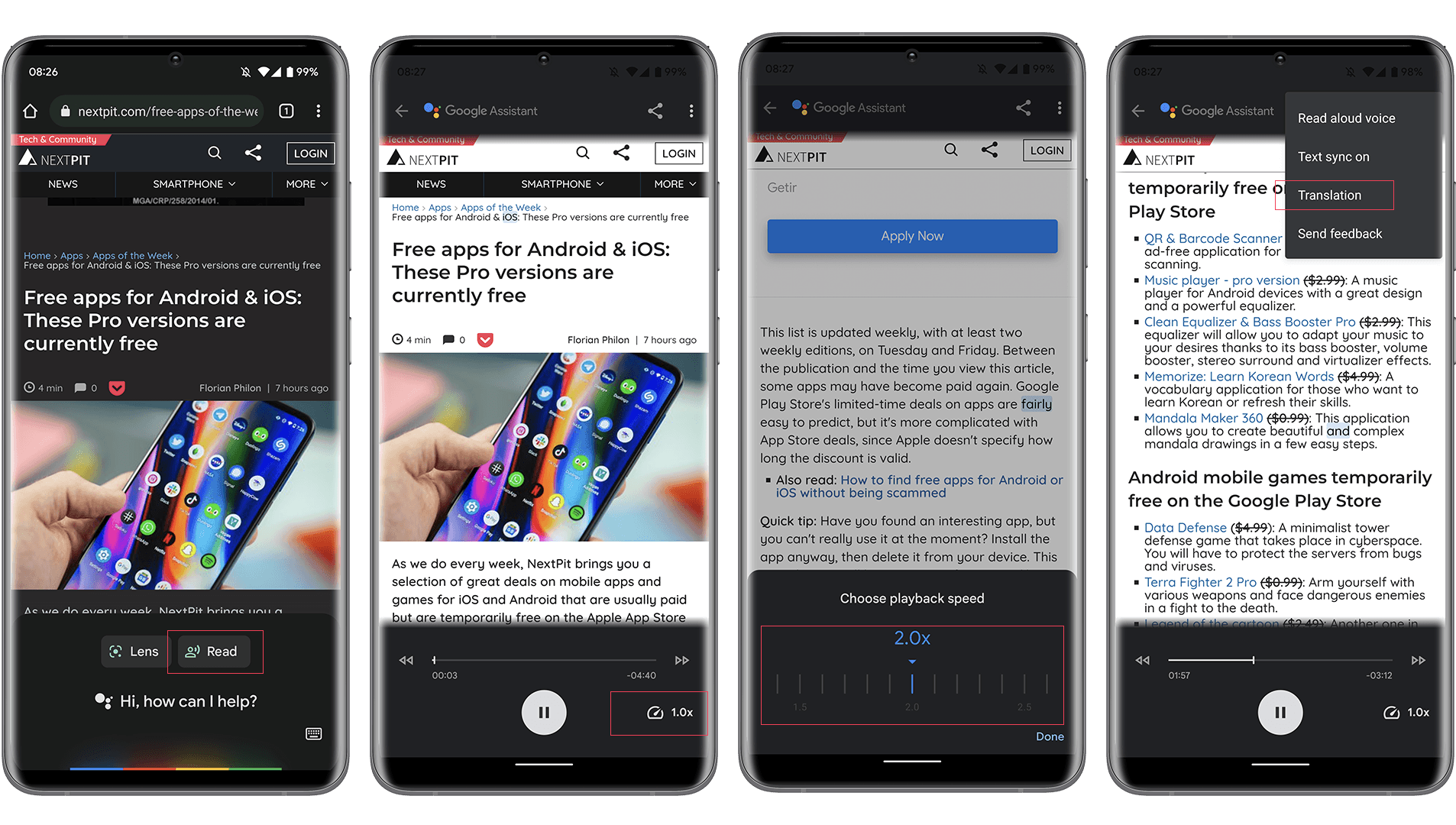 Screenshots showing how to use Google Assistant to read written content aloud