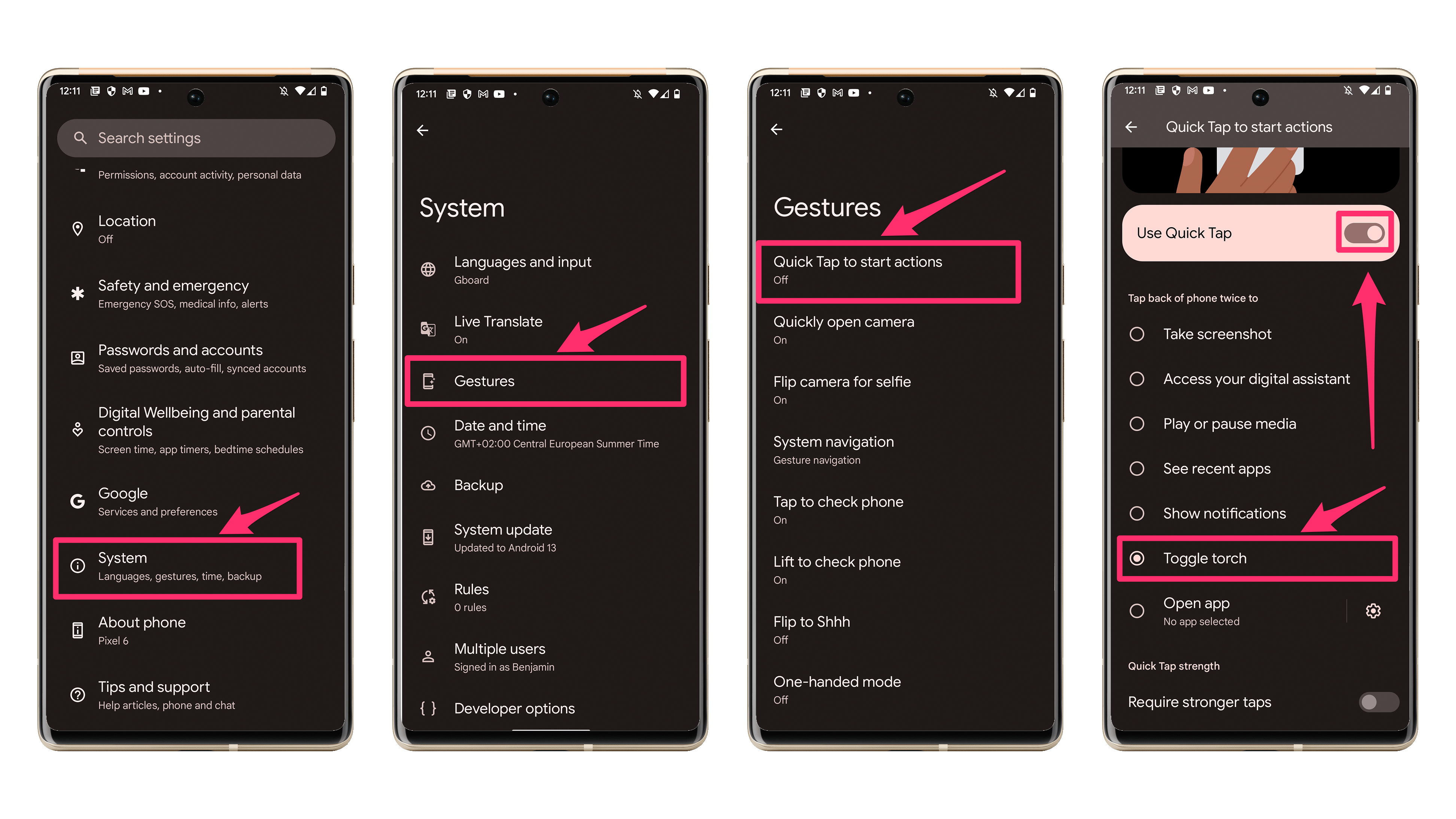 Screenshots, die zeigen, wie man die Quick-Tap-Funktion in Android 13 aktivieren kann.