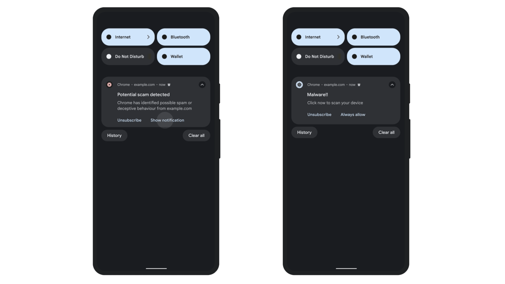 Two smartphone screens displaying Chrome notifications about a potential scam and malware warnings. Two smartphone screens displaying Chrome notifications about a potential scam and malware warnings.