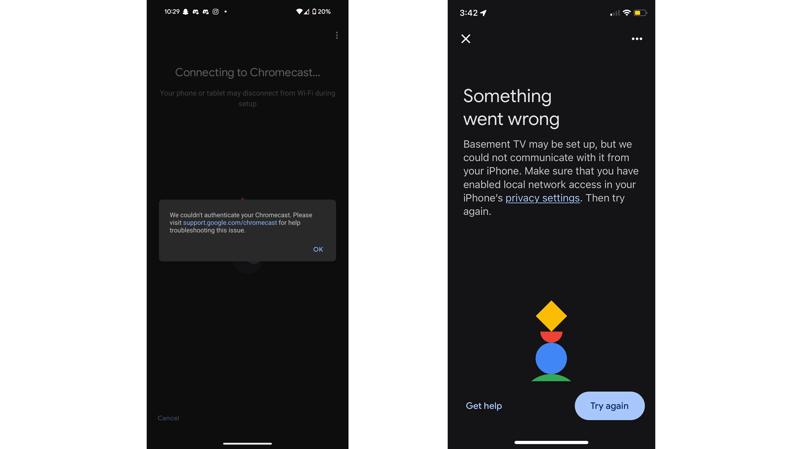 Google's Chromecast 2 and Audio not casting errors detailed in screenshots shared by users.