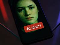 A smartphone displaying a face with a green grid overlay and an 'AI alert!' message.