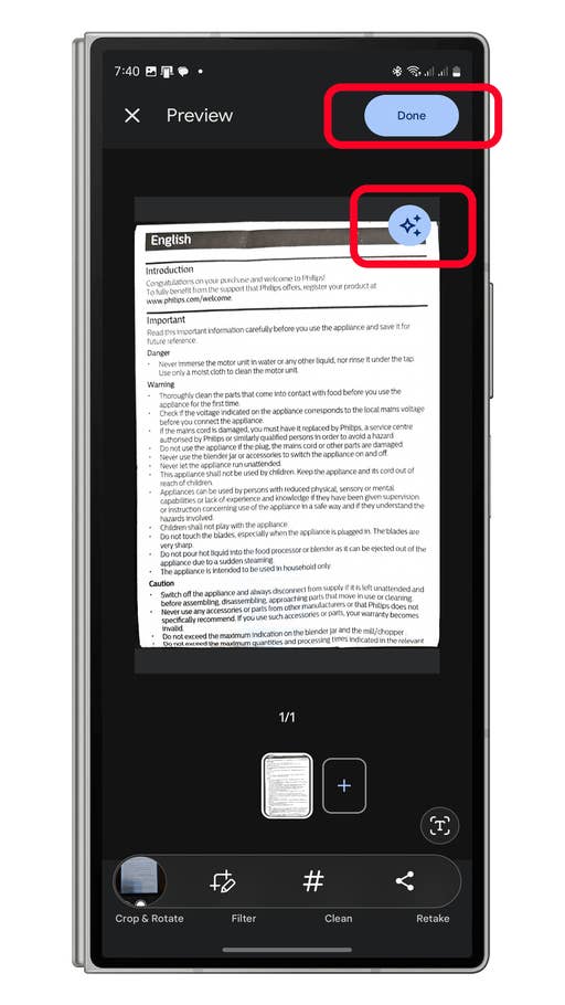 Preview screen of a document in Google Drive with options to crop, filter, and clean images.