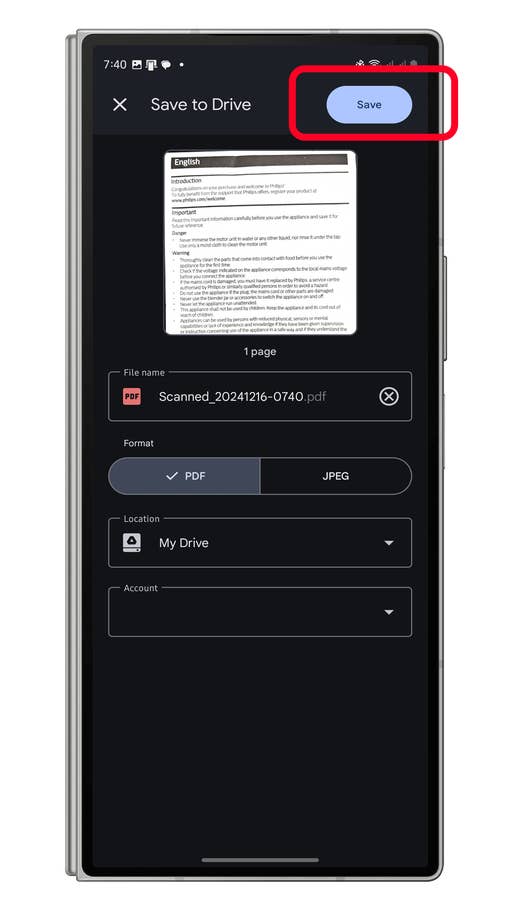 Screen displaying u0027Save to Driveu0027 with a PDF file upload option and a u0027Saveu0027 button.