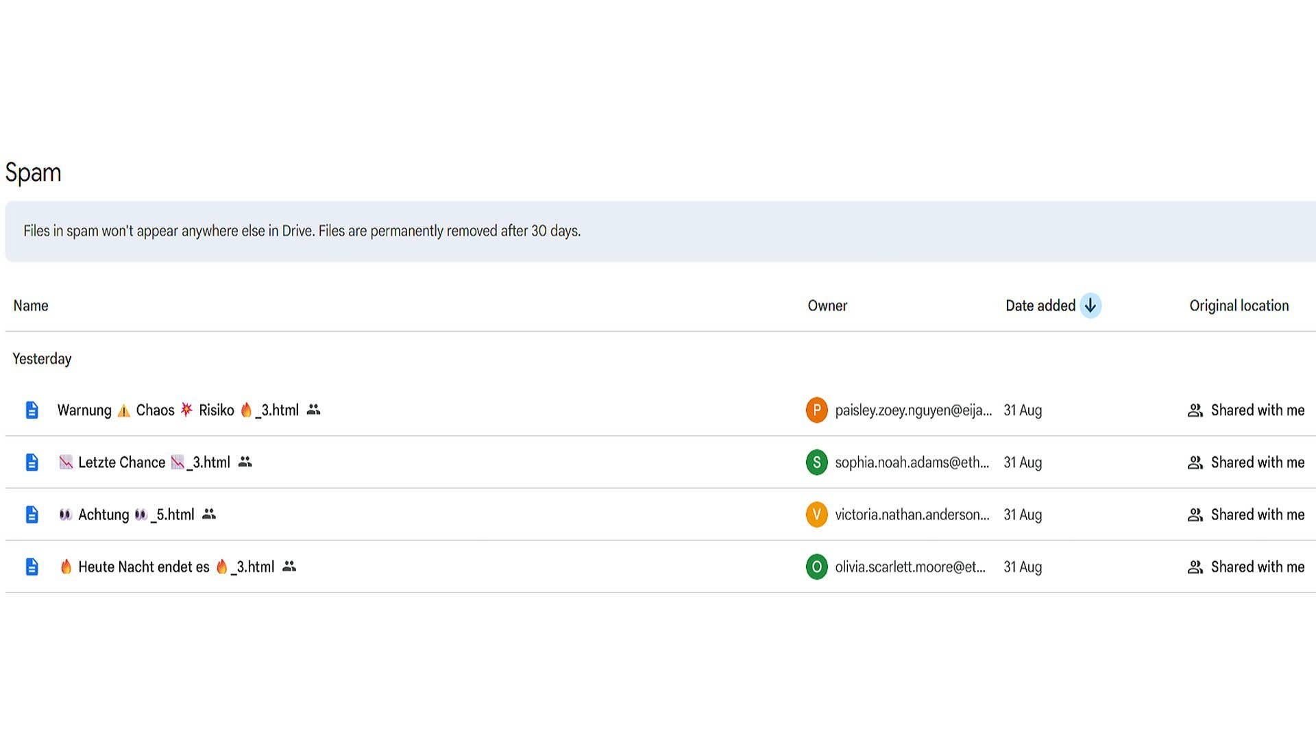 Spam folder in Google Drive showing files and their details.
