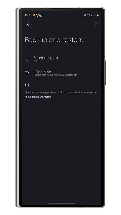 Backup and restore settings for Google Health Connect, showing options for scheduled export and data import.